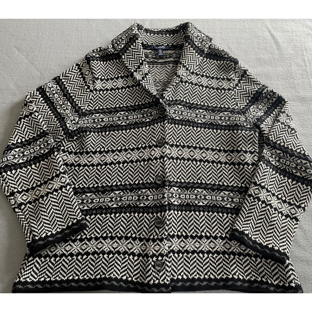 Chaps Womens Black‎ White Fair Isle Shawl Collar Button Cardigan Sweater Large